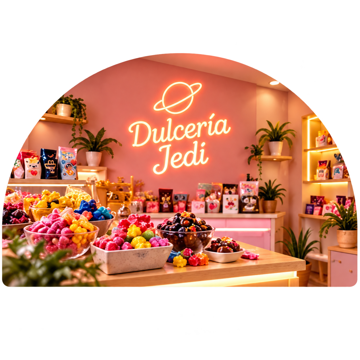 Interior de Dulcería Jedi con exhibición de dulces