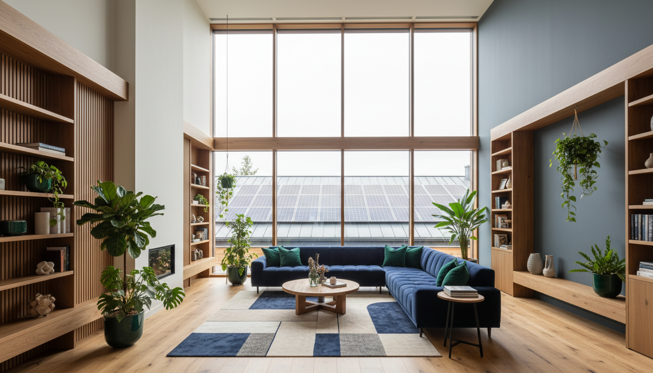Interior de casa con iluminación natural y paneles solares