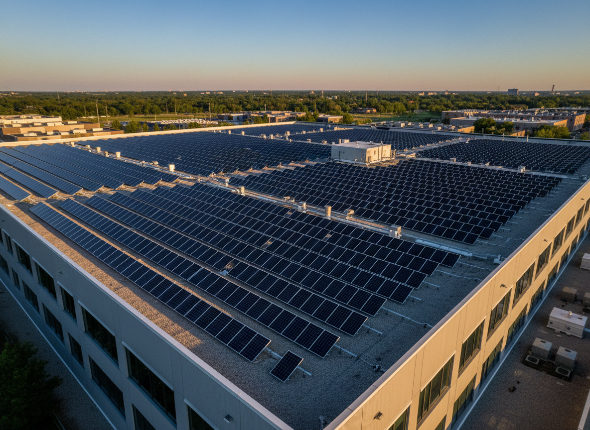Instalación solar en techo de edificio comercial