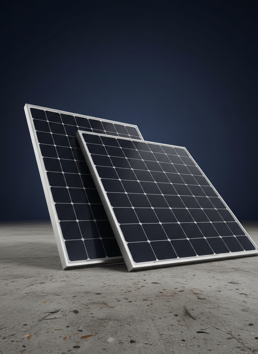 Paneles solares superpuestos sobre superficie de concreto