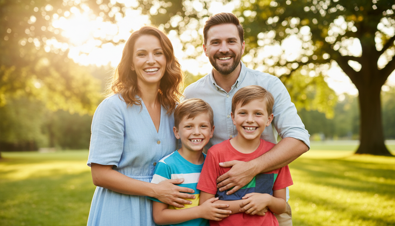 Familia sonriendo con salud dental