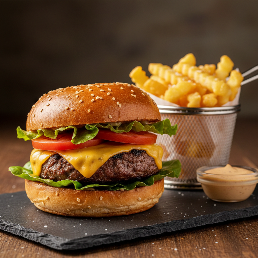 Hamburguesa de res con papas fritas