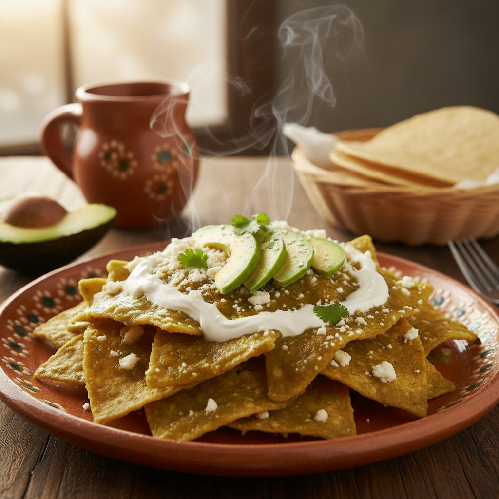 Chilaquiles verdes con crema y queso