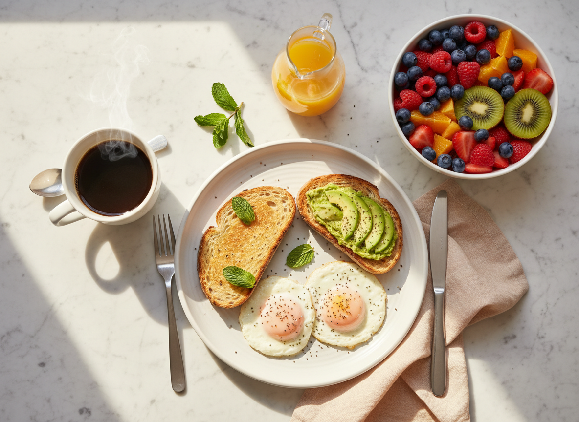 Desayuno completo con huevos y fruta